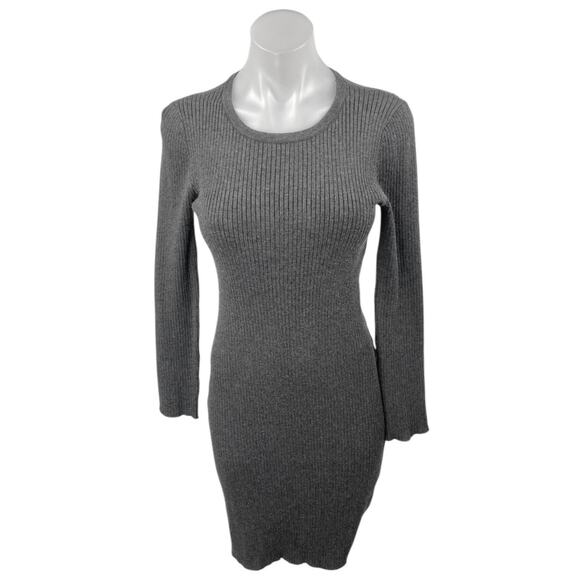 Saks Fifth Avenue Dark Gray Long Sleeve Ribbed Knit Sweater Mini Bodycon Dress M - Picture 1 of 4